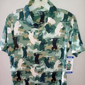 Pacific Trail Boys Size Large 14/16 Green Camo Golfing Bears Polo Shirt NWT